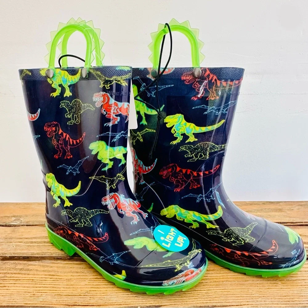 NWT New Puzzlepairs Target Kids' Dinosaur Lighted Rain Boots 12